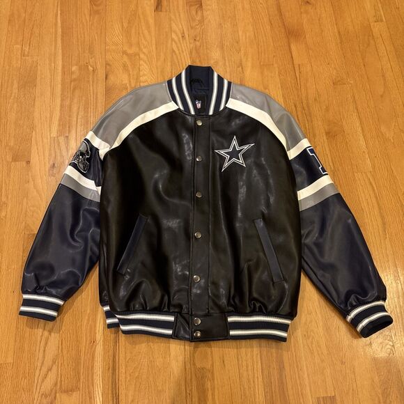 NFL Dallas Cowboys Faux Leather Jacket Mens XL Black Gray Blue Authentic